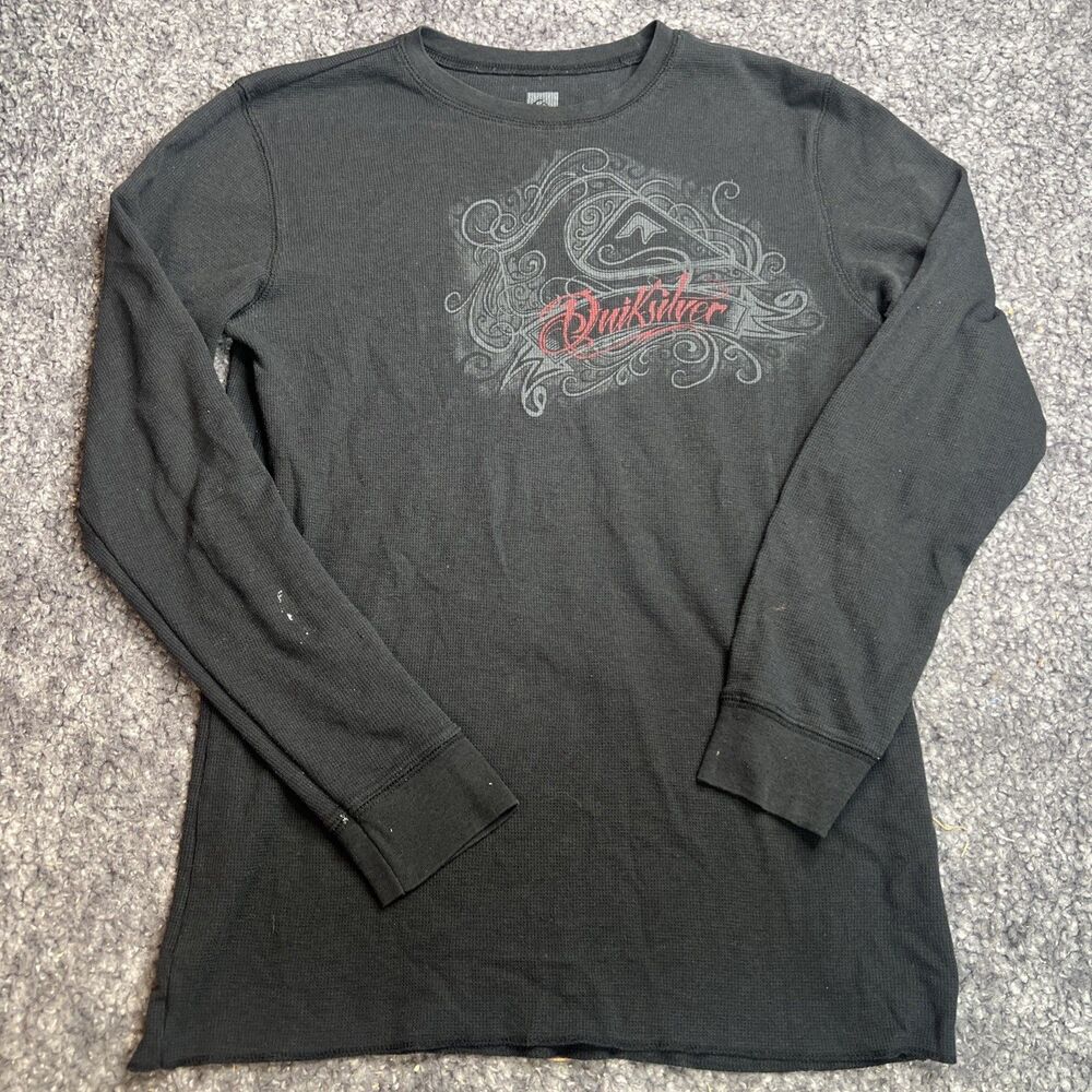 Vintage Quiksilver Shirt Mens XL Black Thermal Waffle Knit Graphic Y2K Tee